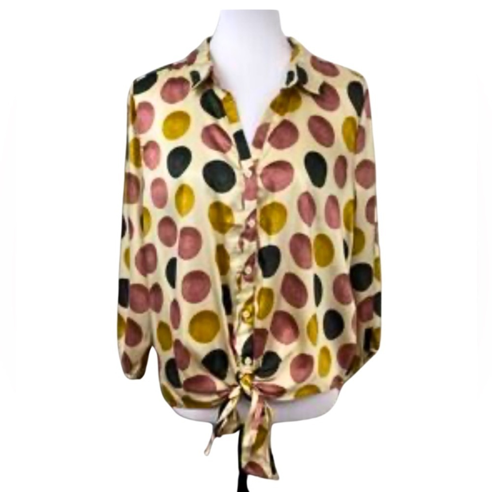 Women's Harve Benard Blouse M Cream Brown Pink Polka Dot Fall 70s Romance Moon